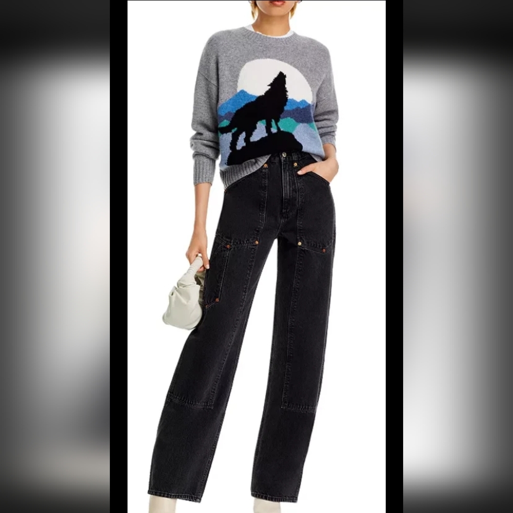 AQUA women 100% Cashmere Wolf Intarsia Grey Crewneck Sweater -xs,-msrp $198